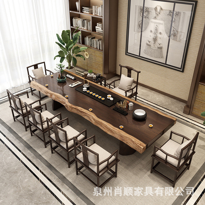 大板茶桌禅意茶台新中式实木茶桌办公室接待原木全套泡茶桌定作