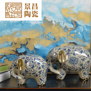 热销源头青花手绘厂家陶瓷摆件大象陶瓷玄关摆件书房茶室琴房摆件