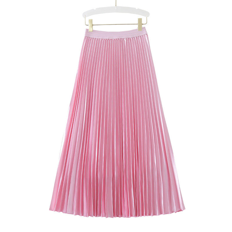 春秋新款 粉色缎面过膝中长款a字风琴裙百褶裙