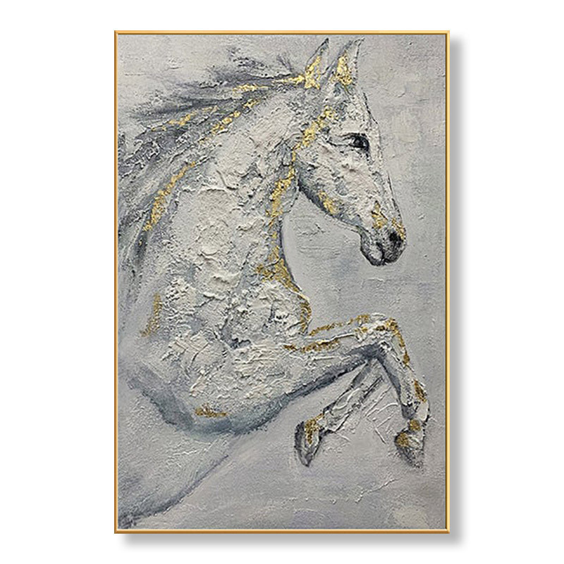 纯手绘油画立体寂风美式客厅装饰画竖版侘轻奢餐厅玄关挂画动物马图片