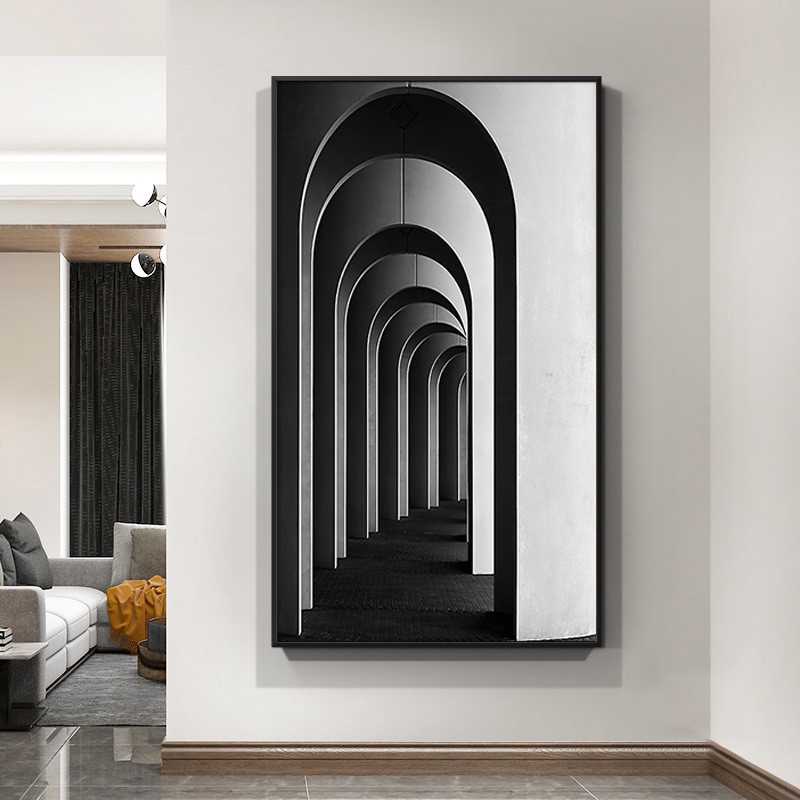 现代简约入户玄关装饰画竖版客厅壁画正对门走廊尽头过道楼梯挂画图片