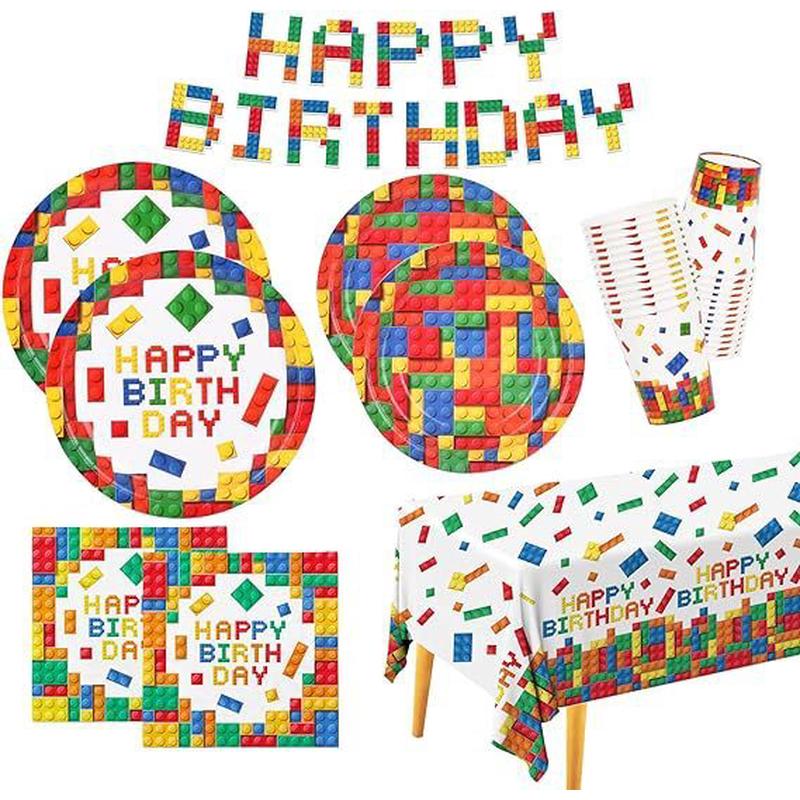 儿童积木主题派对用品生日派对装饰用品纸盘纸巾桌布一次性纸杯