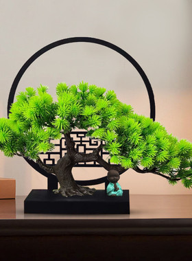 中式仿真迎客松屏风摆件盆景禅意客厅装饰品玄关办公室桌面绿植