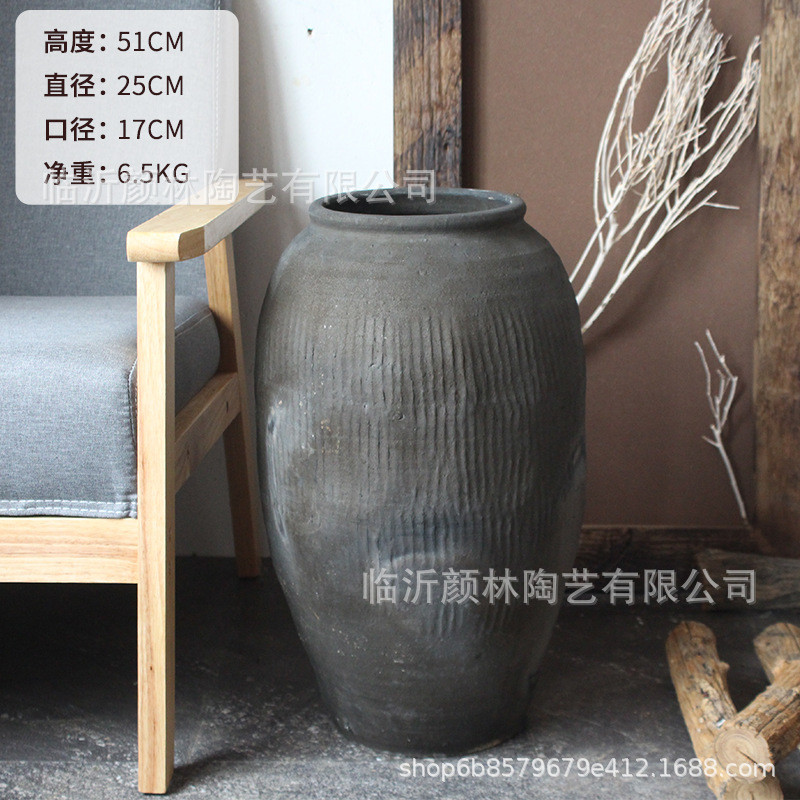 落地灰色瓶黑翁新派设计复古陶罐花盆粗陶瘦高花瓶陶罐ins自然风