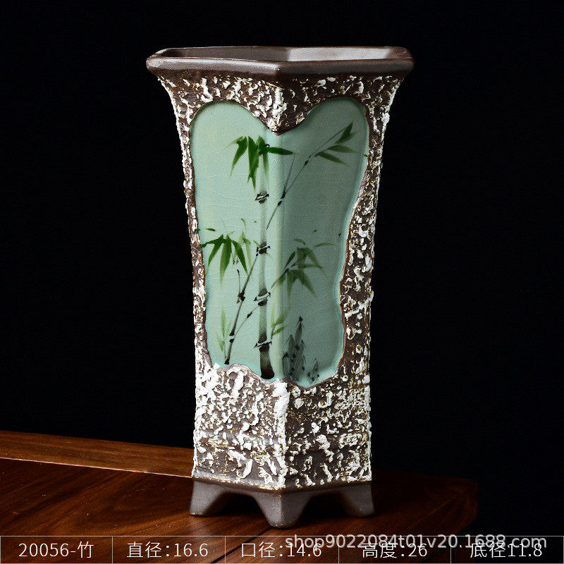 厂家直供2021陶瓷花盆中国风复古手绘兰花绿植新款六边形紫砂花盆