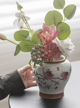 热销长弘寿桃陶瓷花瓶客厅插花摆件花瓶家居中式电视柜办公室水培