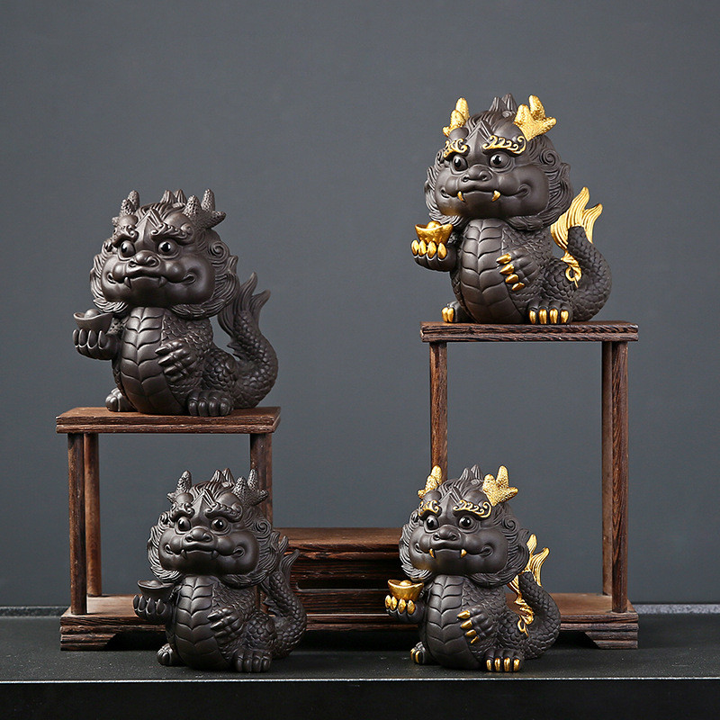 热销创意国潮生肖宝紫砂茶宠招财福龙龙摆件茶艺手工可养茶玩茶台