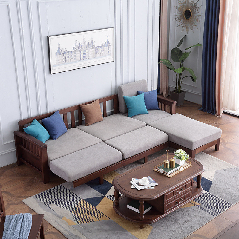 美式座架沙发小户型推拉床可拆洗坐靠垫伸缩床实木贵妃沙发床