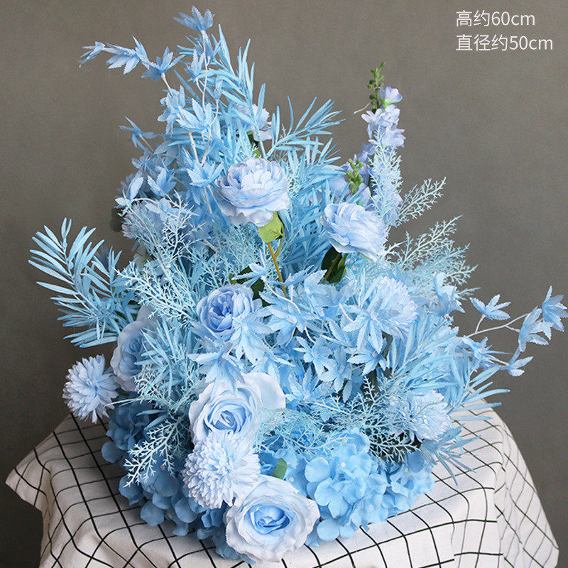 婚庆路引花蓝色系盆花T台舞台背景迎宾花艺婚礼堂花点宴会厅