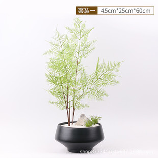 新中式 饰品酒店文竹工艺品 创意仿真前台盆景摆件售楼处样板间软装