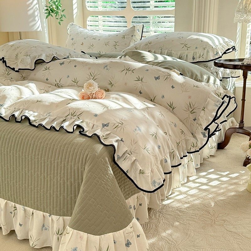 针织棉双层棉床盖四件套春夏韩式荷叶花边被套夹纱床盖三件套,床上用品,床品套件/四件套/多件套,淘宝优惠券,粉丝福利购,淘宝优惠卷