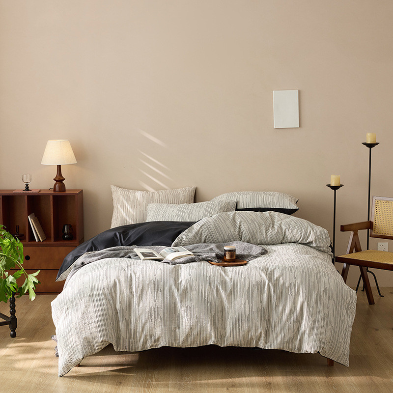 中古风全棉空气层提花简约四件套全棉三层纱民宿被套条纹风床品