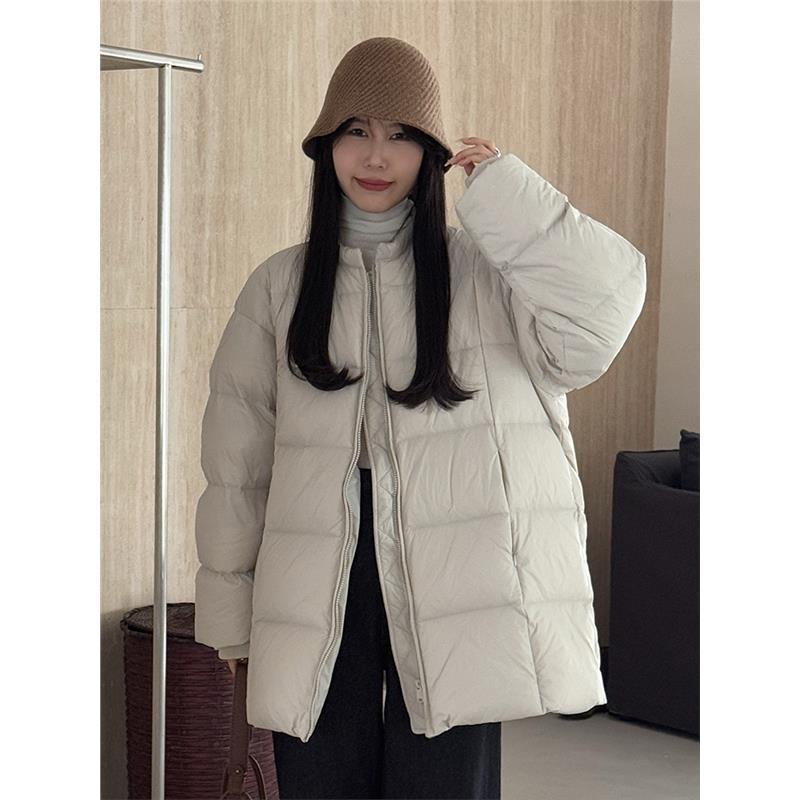 Hello家韩系圆领羽绒服女2024冬季新款中长款保暖白鸭绒简约外套