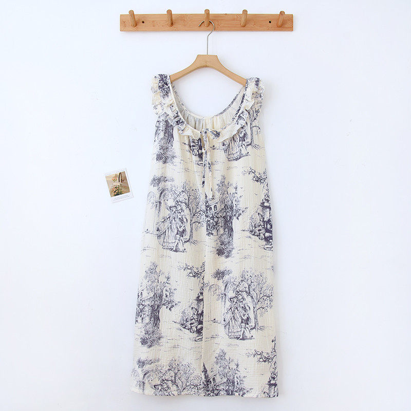 纯棉纱布吊带睡裙女夏季薄款水墨国风婴儿棉麻睡衣夏天家居服全棉