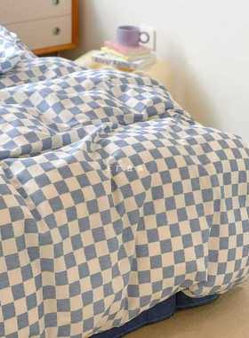 a5l【棋盘格in】蓝色简约床上四件套被套三件套学生