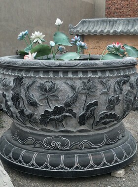 荷花石缸雕塑花盆鱼缸庭院青石仿古石雕花盆福字做旧荷花鱼缸