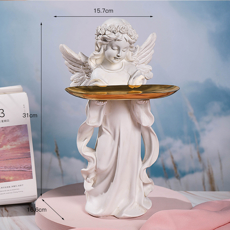 北欧祈祷少女金属托盘创意复古天使树脂玄关钥匙收纳家居摆件装饰