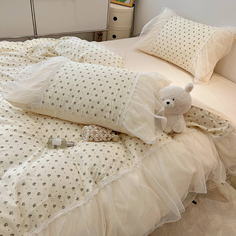 批发ins少女心韩系小碎花棉四件套仙女风蕾丝雪纺花边棉4件套