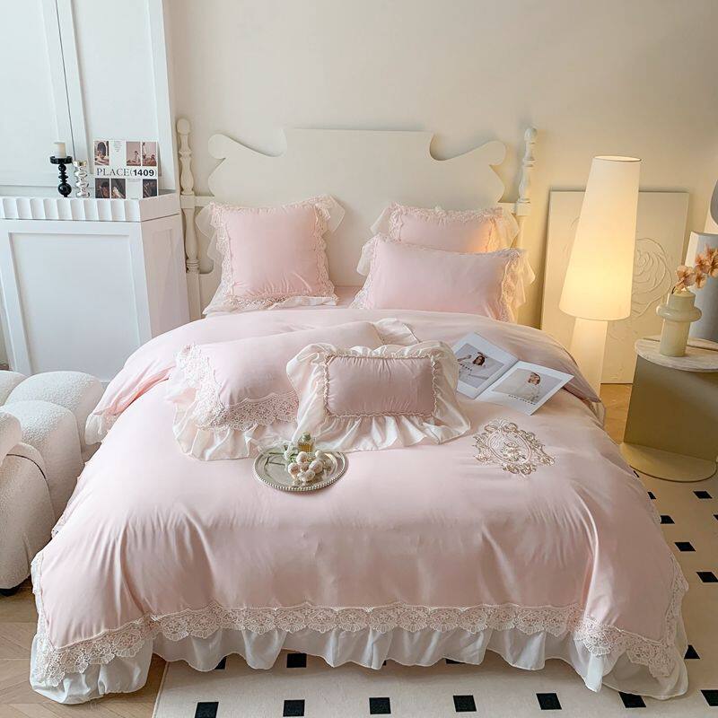 白色四件套刺绣法式轻奢高档水洗棉全棉公主蕾丝花边被套床上用品