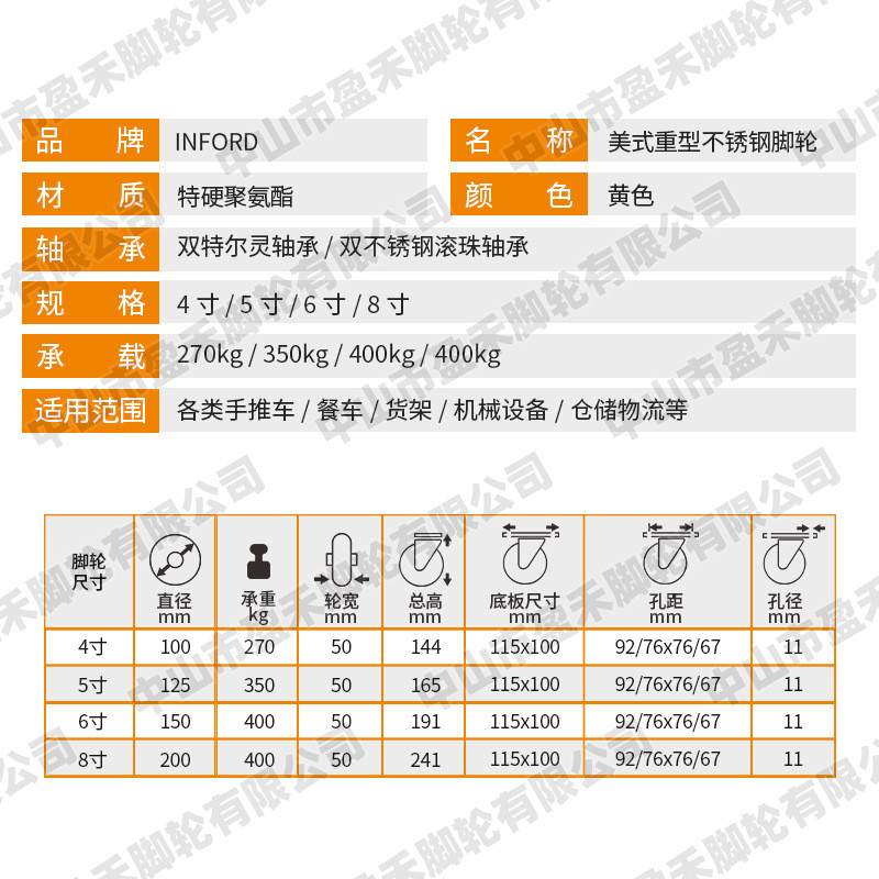 inford盈禾脚轮重型304不锈钢特硬聚氨酯pu万向轮4/5/6/8寸轮刹车