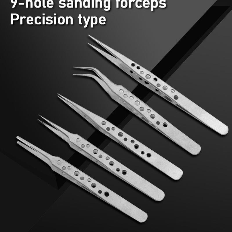 弯头尖头DIY镊子夹电子手机维修工具批发高精密带孔不锈钢摄子