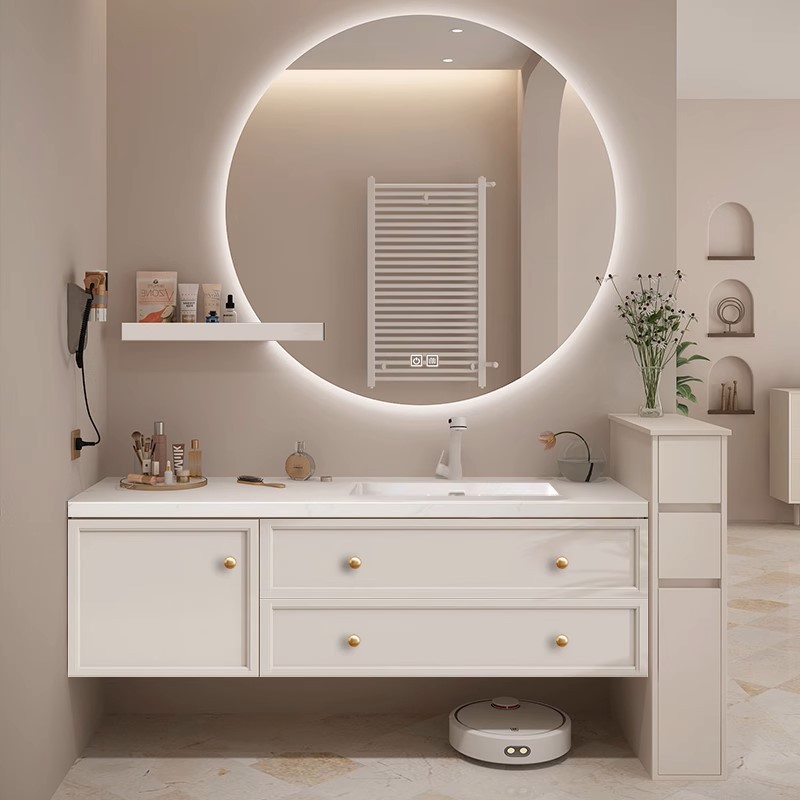 热销法式奶油风橡胶木板实木扫地机器人岩烤漆无缝陶瓷盆卫生间浴