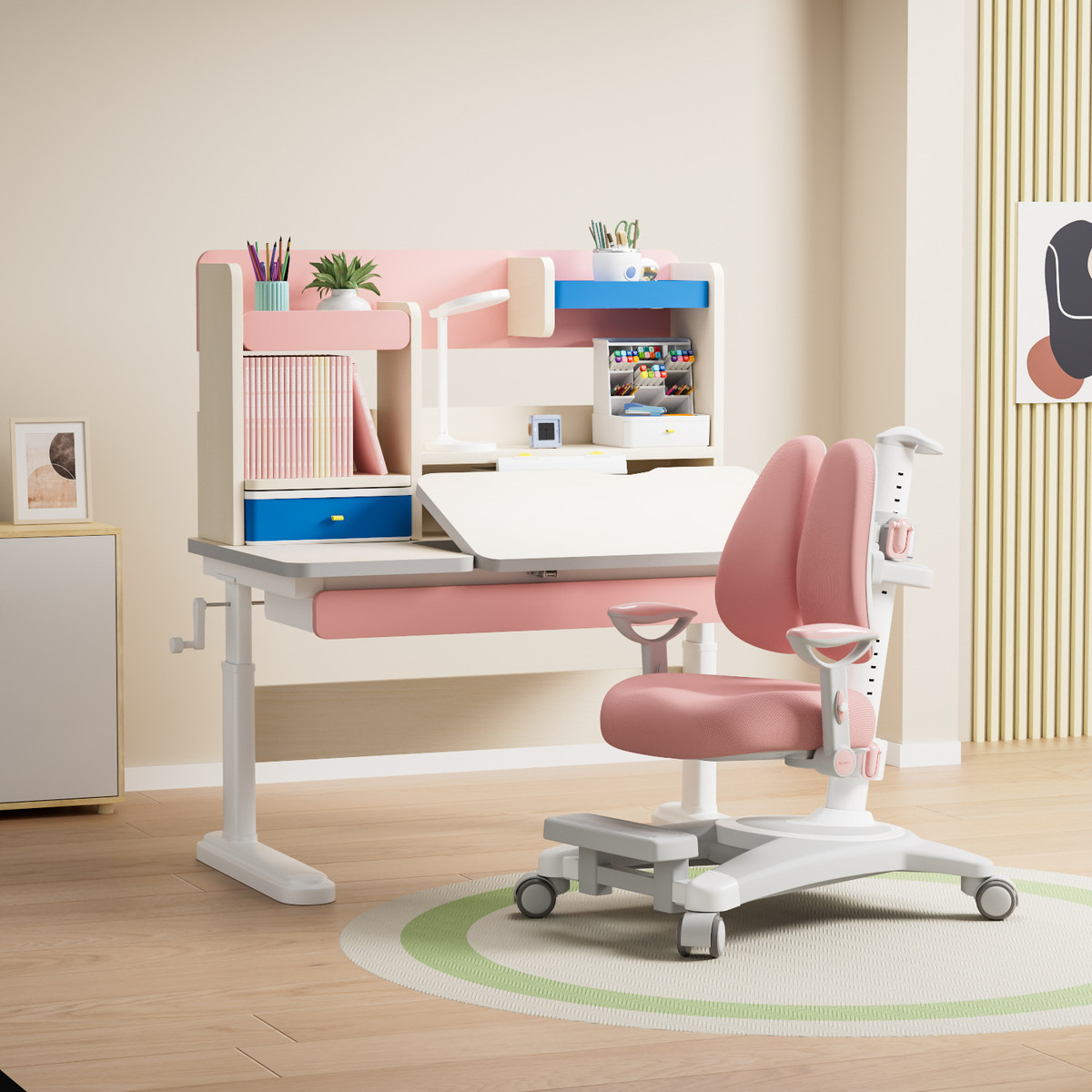 儿童学习桌手摇升降套装学习桌实木