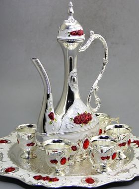 热销古玩收藏杂项工艺品白色玫瑰花纹苗酒壶套装壶茶壶银6个杯子