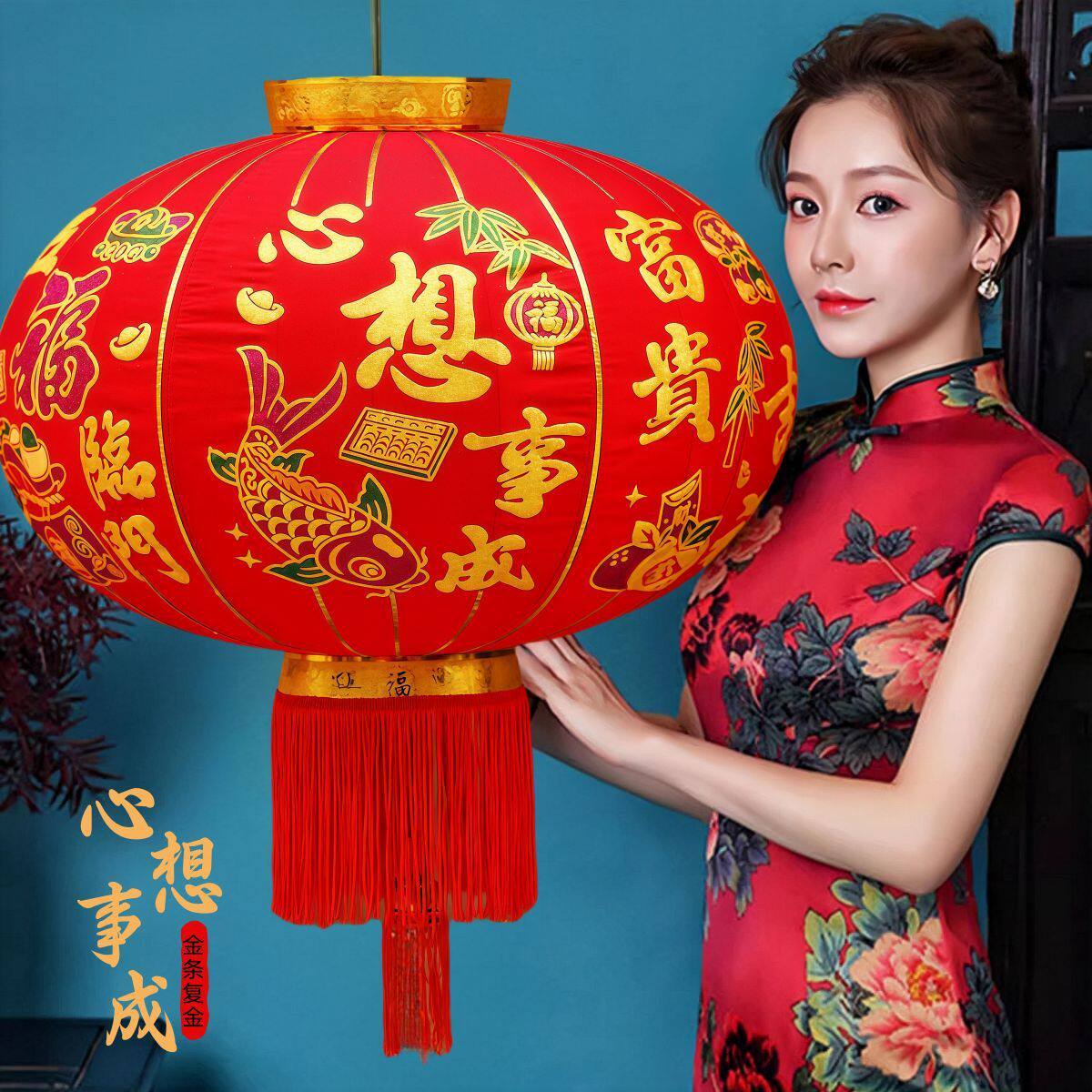 厂家批发植绒短杆大红绒布高档新年春节红灯笼装饰大门阳台用品