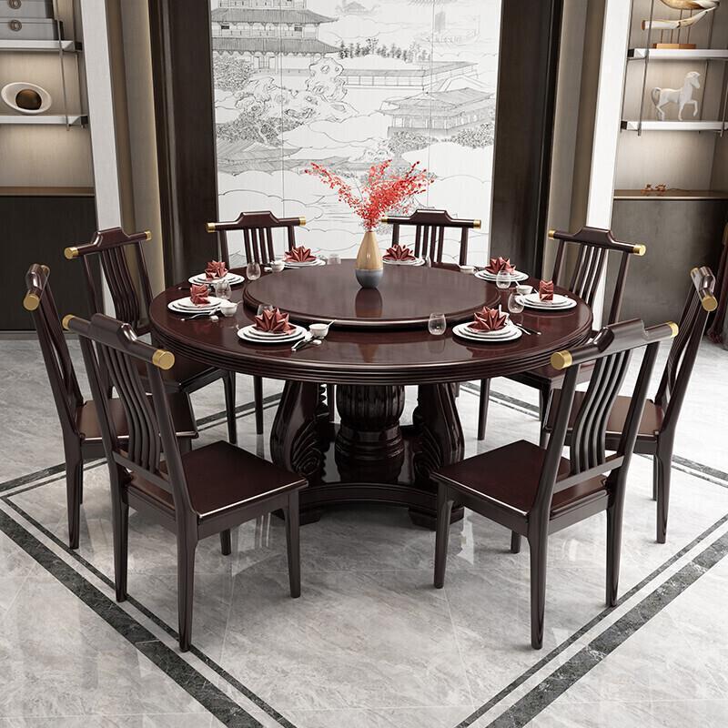 家用全实木餐桌椅组合新中式圆形饭桌带转盘8人10人大圆桌子