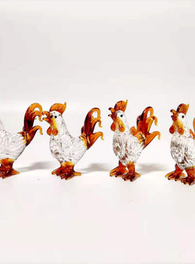 琉璃动物物摆件公鸡玻璃工艺品凤百争鸣客厅摆件