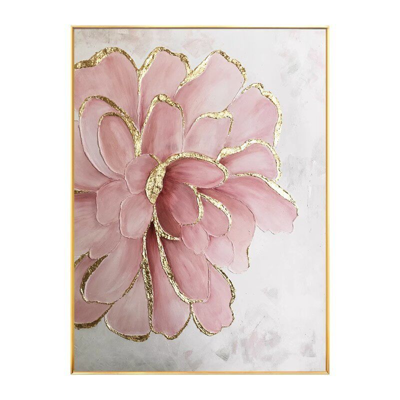 手绘油画金箔轻奢花卉玄关装饰画现代粉色客厅背景墙大幅餐厅挂画