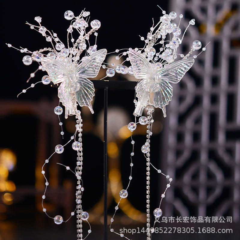 超仙幻彩琉璃珠蝴蝶流苏发夹古风汉服新娘发饰高级感森系新款发饰