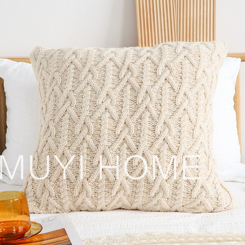 oj8f美式慵懒素色粗毛线针织抱枕套床上编织大靠枕民宿沙发靠垫腰