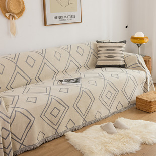 北欧雪尼尔全盖色织提花几何盖格打须沙发巾沙发垫沙发菱形巾罩