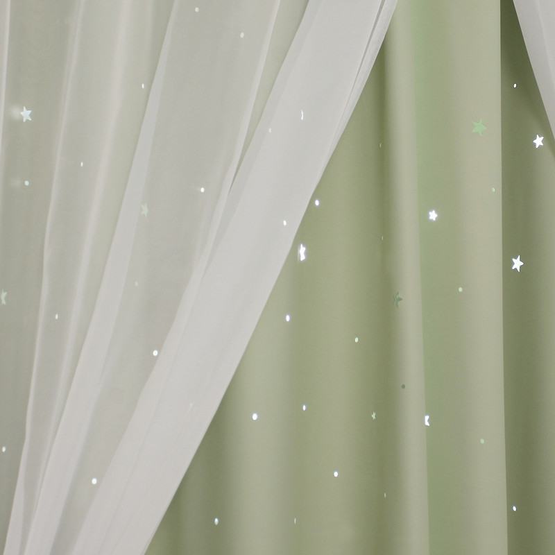 rkt4窗帘卧室双层遮光镂空星星窗帘公主风粉色带纱帘韩式窗帘成品