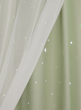 rkt4韩式双层遮光镂空星星窗帘色带粉公主风纱帘窗帘卧室窗帘成品