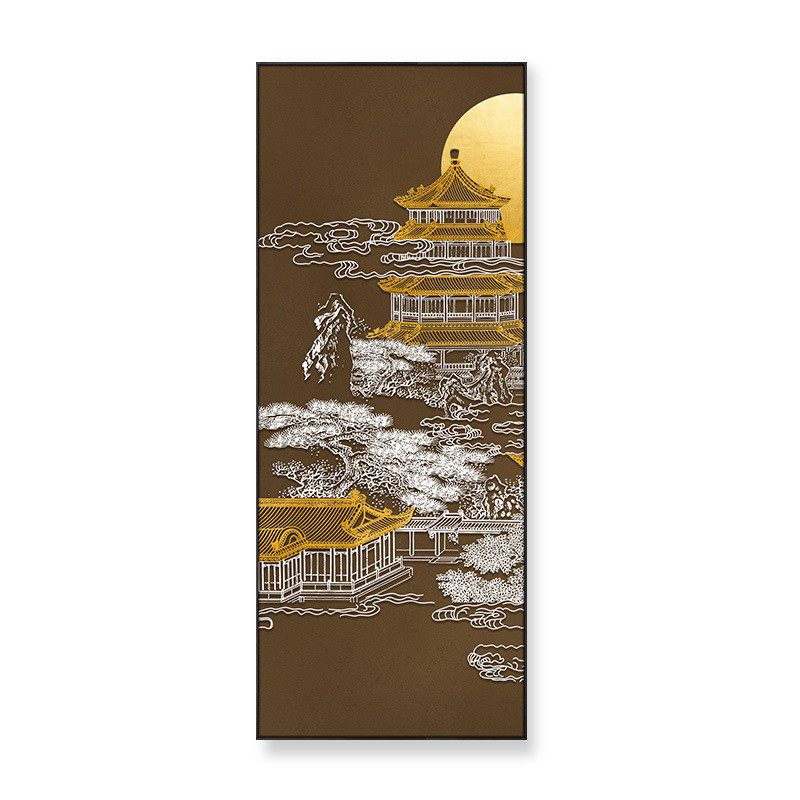 新中式高档酒店别墅样板间立体浮雕装饰画客厅沙发背景墙楼阁挂画