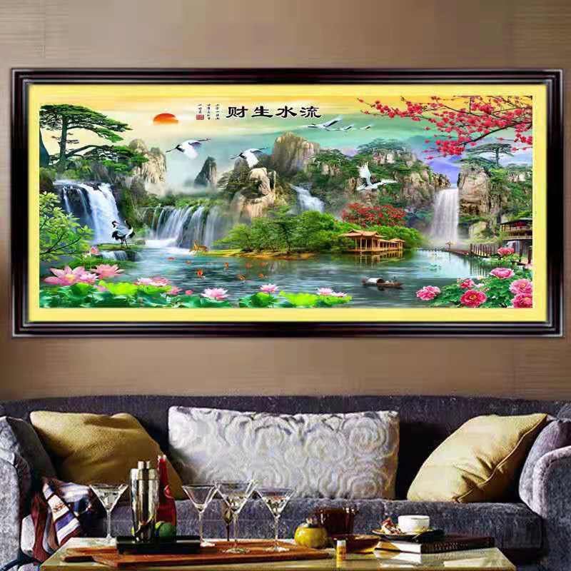 新款山水大画流水生财十字绣2023新款印花大幅线绣十字绣自己绣