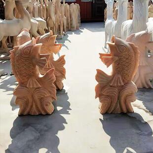 热销石雕动物晚霞红小鱼大理石喷水鲤鱼喷泉园林别墅流水景观摆件