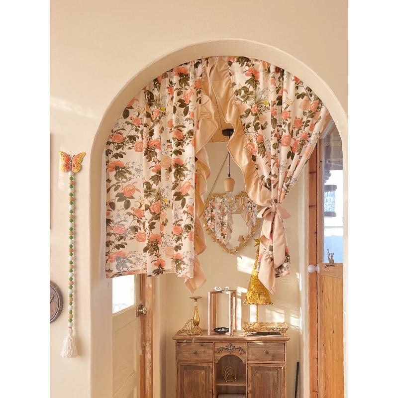 乡村复古英式奶油玫瑰花拱形美式窗帘洞门帘半帘穿杆挂钩魔术贴