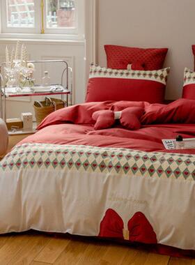 tuf4公主红色结婚庆四件套100支长绒棉喜被床品1.8陪嫁新