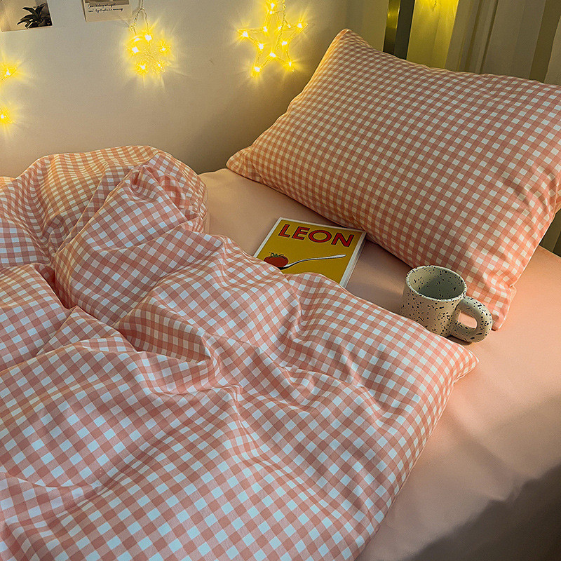 ri0t单人床学生宿舍床上三件套简约高中生粉格子被套床水洗棉四件