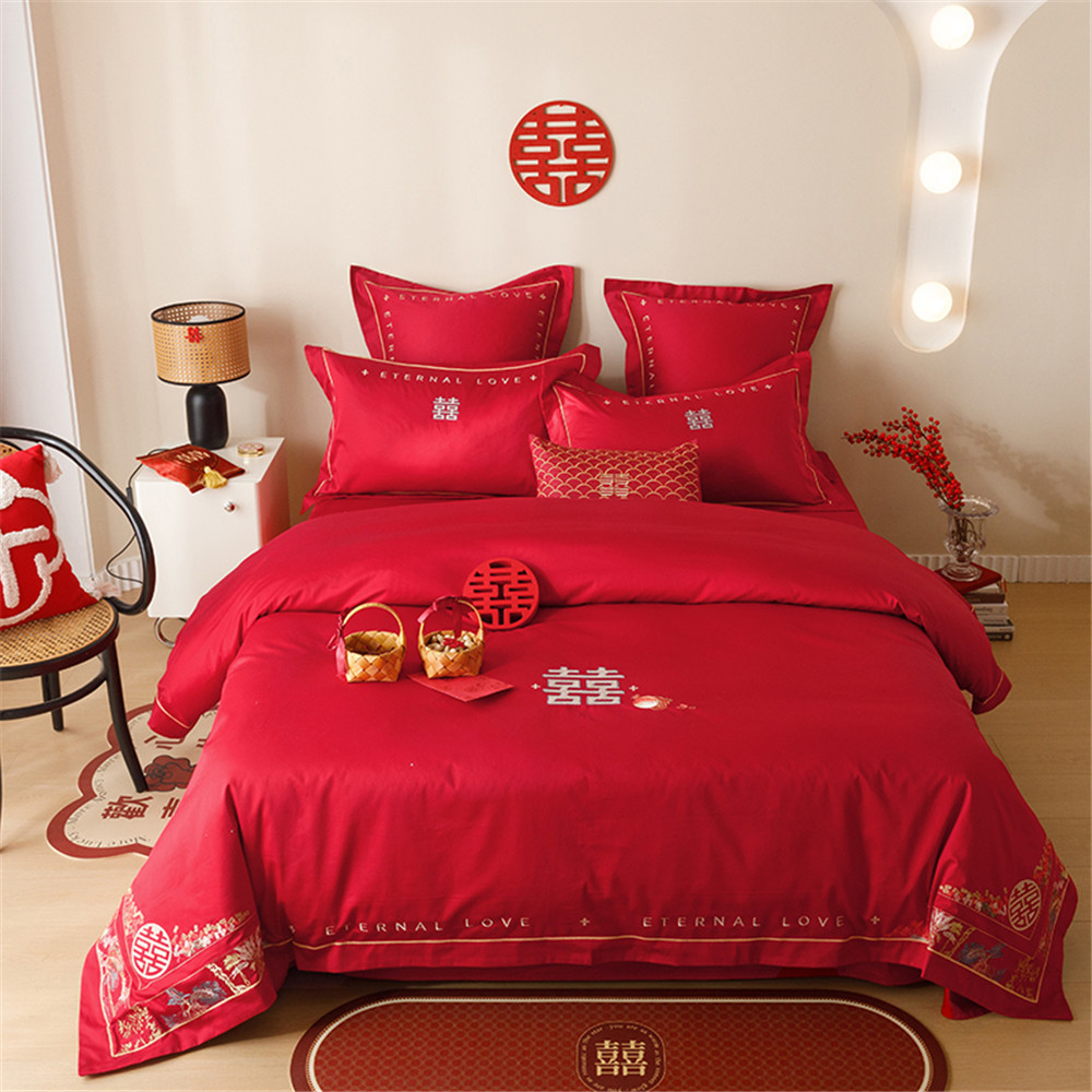 事事如意全棉红色新婚庆100支长绒棉刺绣四件套结婚陪嫁喜被床单