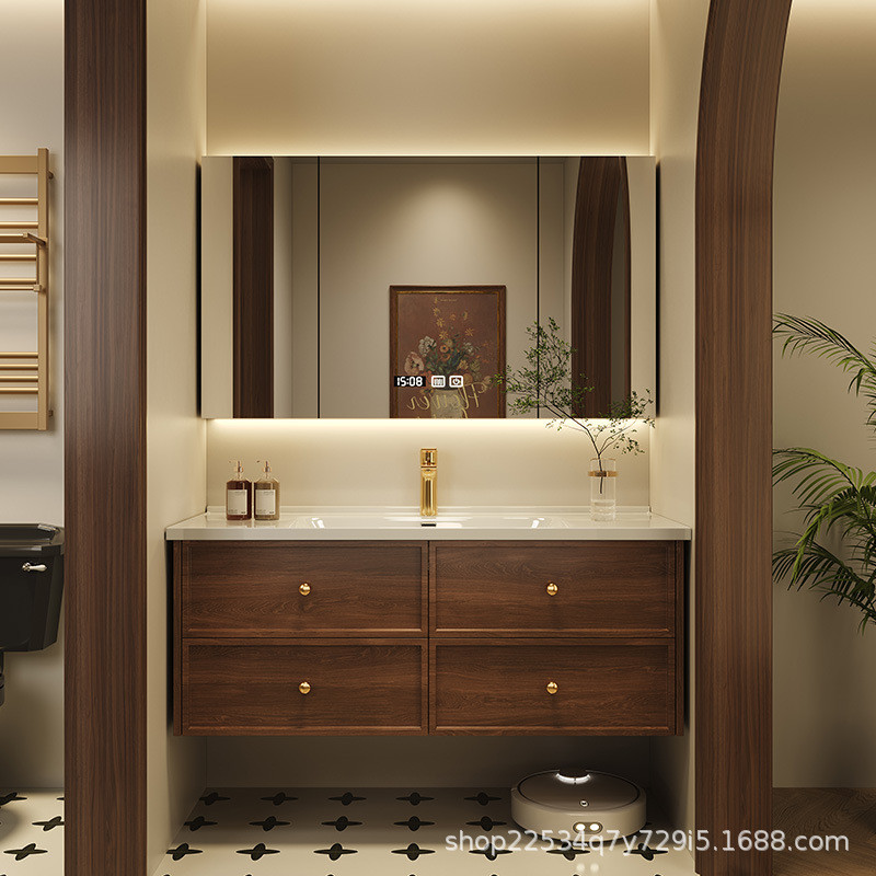 热销中古风浴室柜组合卫生间陶瓷一体盆实木烤漆洗漱台洗脸洗手台