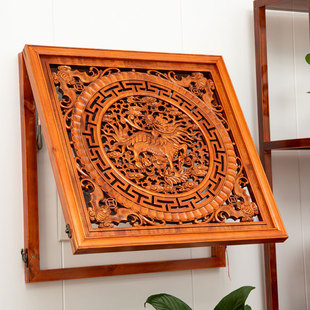 客厅中式香樟实木雕上翻弱配电闸盒电表箱盖装饰画遮挡箱饰品挂画
