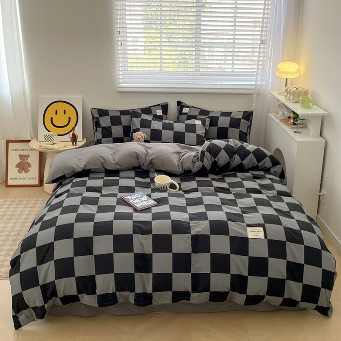 2eie简约保暖格子被套宿舍床上四件套单人学生水洗棉三件套家用