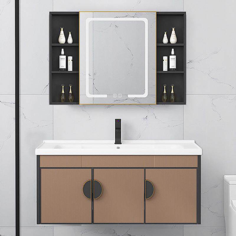 轻奢智能镜柜浴室柜太空铝挂墙式一体陶瓷盆条纹洗漱台组合包安装