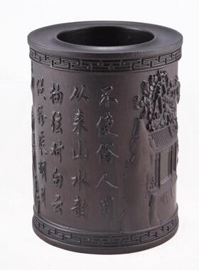 实木雕刻工艺马到成功浮雕笔筒荷花牡丹黑檀木招财麒麟厂家批发