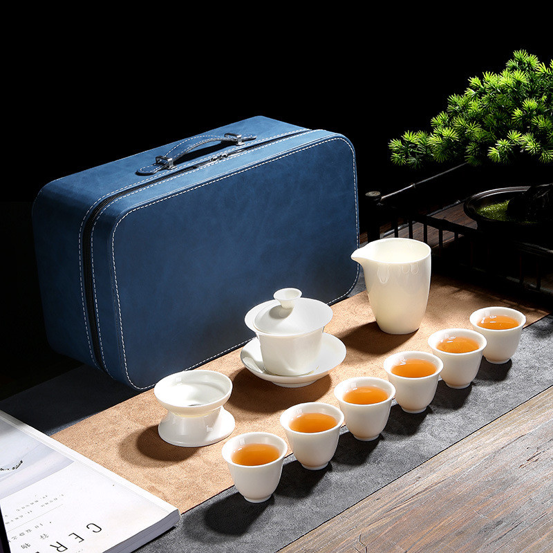 车载羊脂玉旅行茶具套装陶瓷盖碗茶壶杯白瓷家用简约中式整套便携